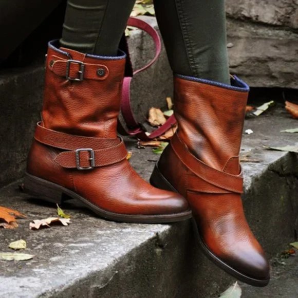 Women's Leather Cut Out Buckle Strap Square Heel Motorcycle Boots main image 1